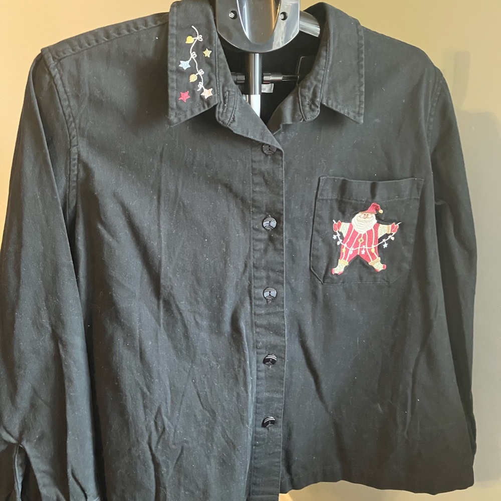J. Banks 1X Black Embroidered Santa Christmas Button Front Shirt Holiday